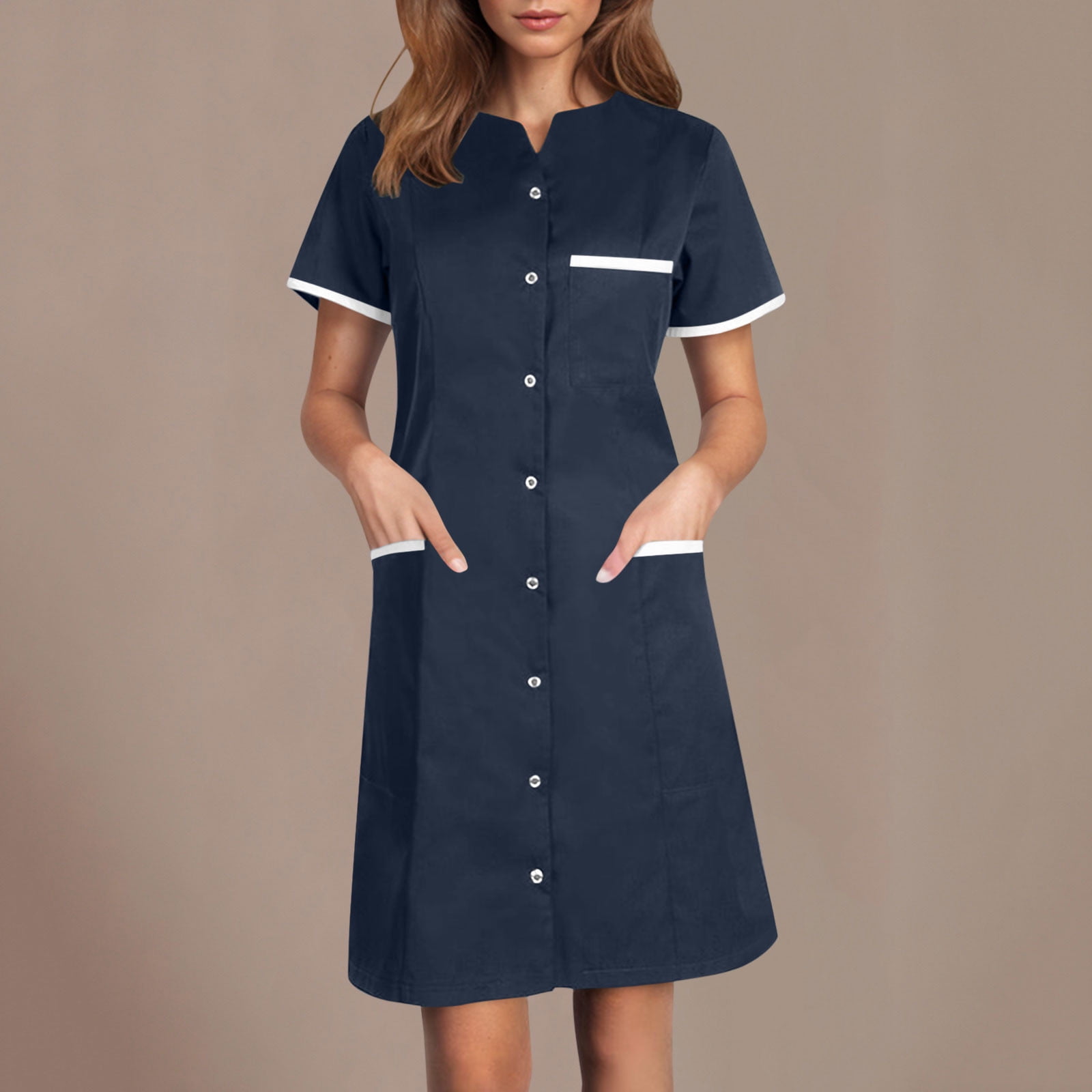 ladies work uniform dresses Horkkom Scrub Dress Short Sleeve Working Nurse Uniform Button Mini Dresses  for Women Workwear with Pockets Black 2XL