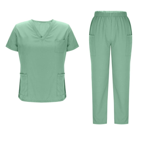 Horkkom Scrub Sets for Woman V Neck Short Sleeve Tops Elastic Waist Long Pants Nurse Scrubs Solid Color Uniforms with Pockets Green M