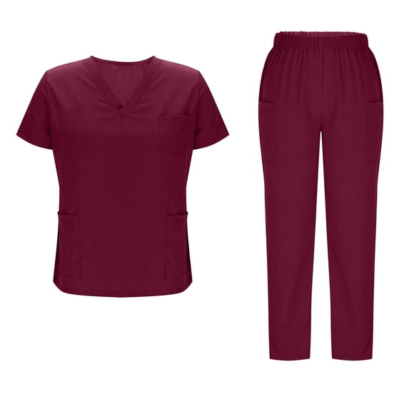 Horkkom Scrubs for Women Set V Neck Short Sleeve Tops Elastic Waist Long Pants Nurse Scrubs Solid Color Uniforms with Pockets Red 2XL