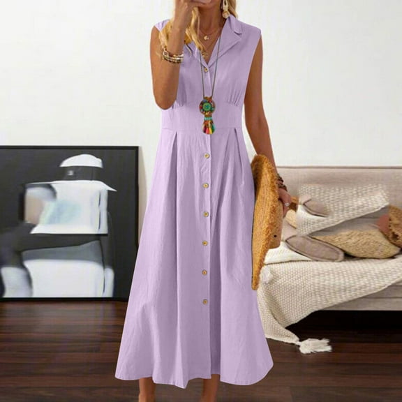 Horkkom Shirt Dresses for Women Summer V Neck Sleeveless Maxi Dresses Casual Solid Color Button Down Dress Purple S