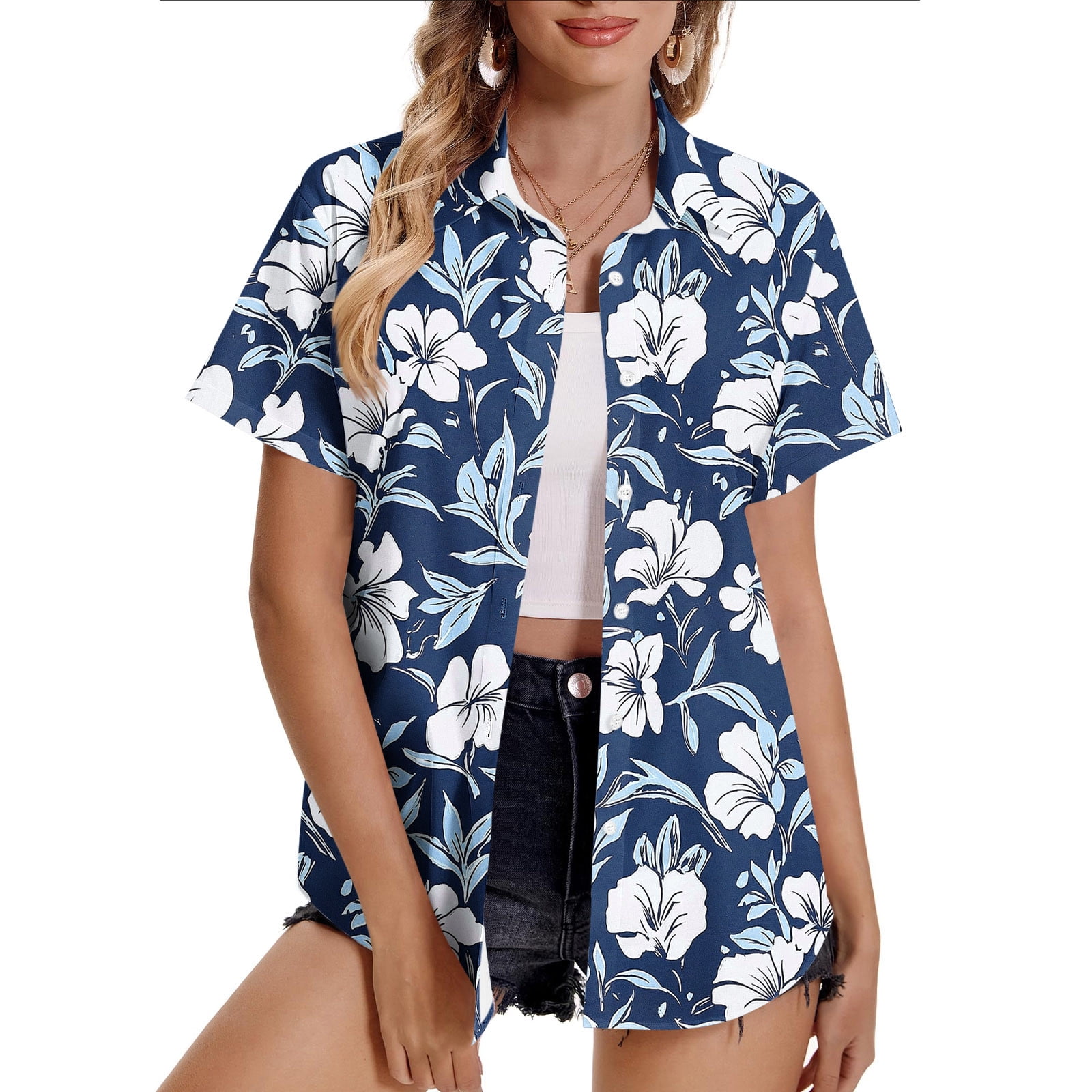 Horkkom Short Sleeve Button Up Women Summer Casual Hawaiian Beach ...