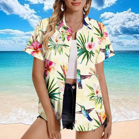 Horkkom Short Sleeve Button Up Women Summer Plus Size Hawaiian Shirts Casual Floral Print V Neck Cardigan Yellow S
