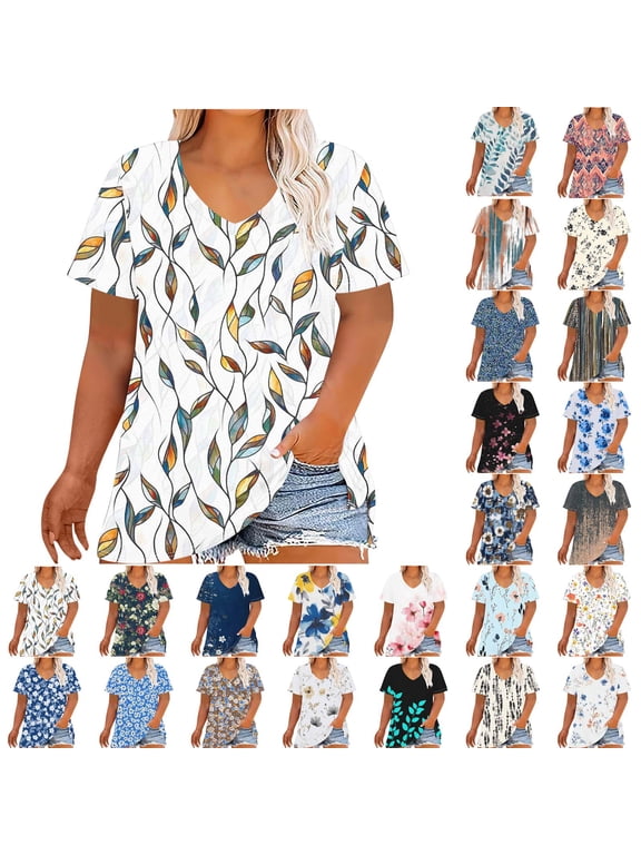 Short Sleeve Shirts for Women Plus Size Floral Print V Neck Tunic Top Summer Casual Trendy Blouses