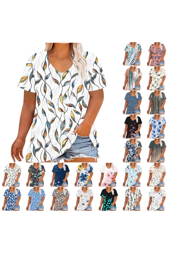 Short Sleeve Shirts for Women Plus Size Floral Print V Neck Tunic Top Summer Casual Trendy Blouses