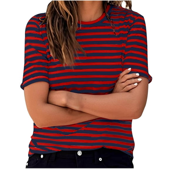 Horkkom Short Sleeve Shirts for Women Summer Casual Striped Print T Shirts Breathable Comfy Crewneck Tops Red 2XL