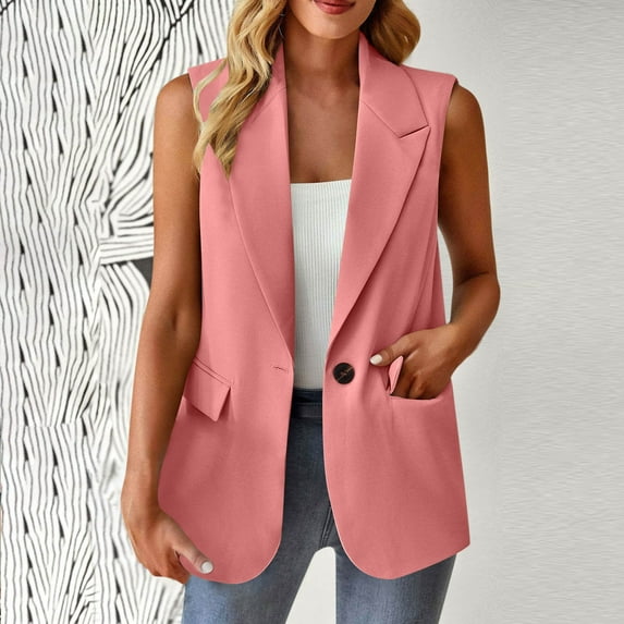 Horkkom Sleeveless Blazers for Women Business Casual Work Vest Solid Color Button Jackets with Pocket Pink L