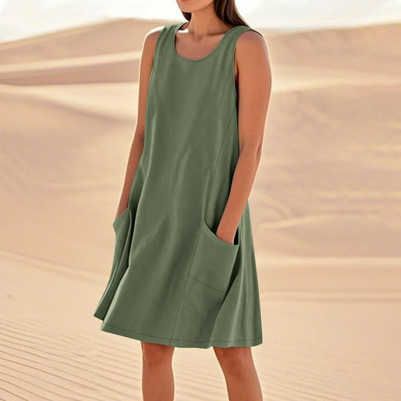 Horkkom Sleeveless Dress for Women Summer Crew Neck Mini Dresses Casual Solid Color Beach Sundresses with Pockets Green 2XL
