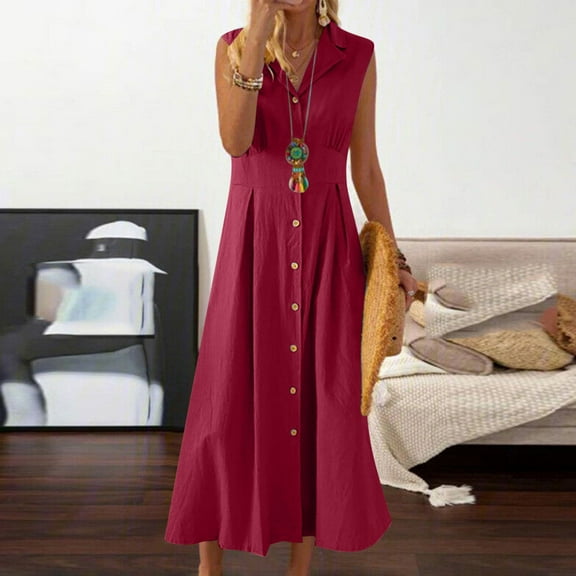 Horkkom Sleeveless Dress for Women Summer V Neck Button Down Maxi Dresses Casual Solid Color Shirt Dresses Red 3XL