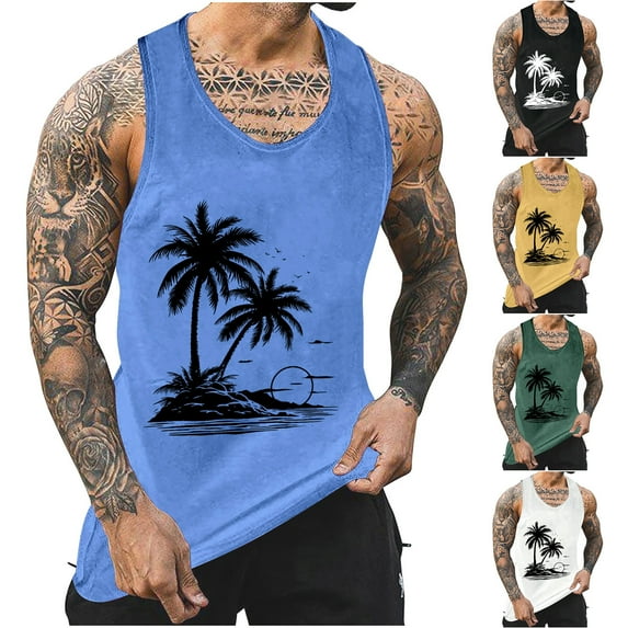 Horkkom Sleeveless Shirts for Men Casual Palm Tree Printed Muscle Shirts Summer Vacation Tank Top (S-4XL)
