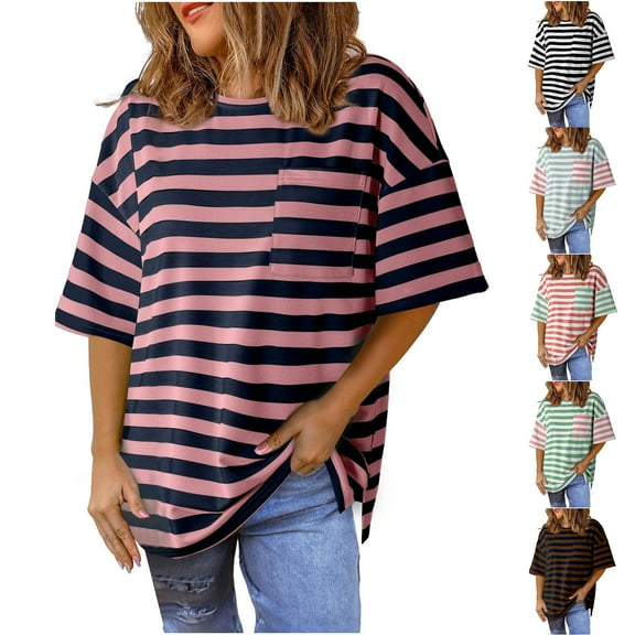 Horkkom Striped Shirt Women Casual Crew Neck Short Sleeve Shirts Summer Loose Blouses with Pocket