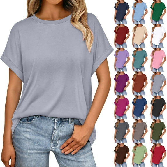 Horkkom T Shirts for Women Summer Crew Neck Short Sleeve Shirts Casual Loose Solid Color Basic Tees L