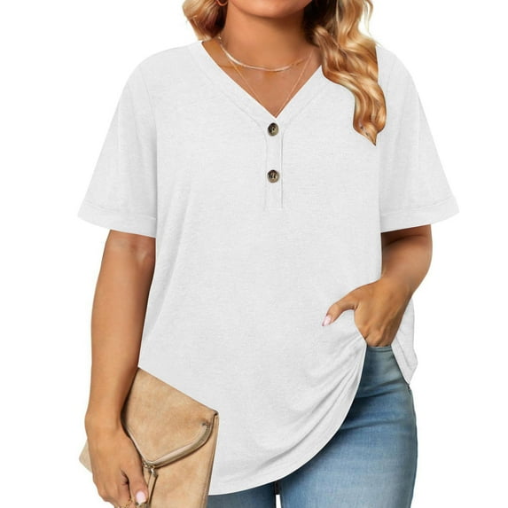 Up to 50% off Horkkom Womens Plus Size Tops Summer Solid Color Button V Neck Short Sleeve Tops Casual Loose Blouses White L
