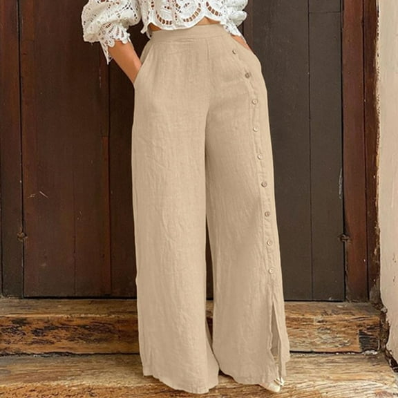 HWRETIE Women's Button-Split Wide-Leg High Waist Casual Pants Loose-Fitting Trousers Stylish Summer Everyday Wear for Women