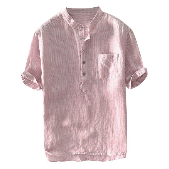 Up to 50% off Mens Comfy Linen Shirt Lightweight Short Sleeve Striped Tees Regular Casual Summer Chest Pocketed Tops