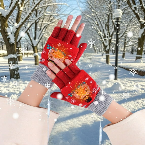 Up to 50% off Mens Winter Gloves USB Electric Gloves Electric Warm Gloves Christmas Gloves Knitted Half Finger Flap Christmas Gloves