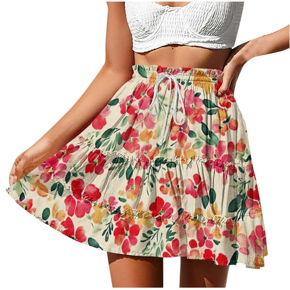 Miqool Women's Boho Floral Flowy Skater Skirt Casual Elastic High Waisted Ruffle Tiered Flared Mini Skirts Summer Beach Skirt