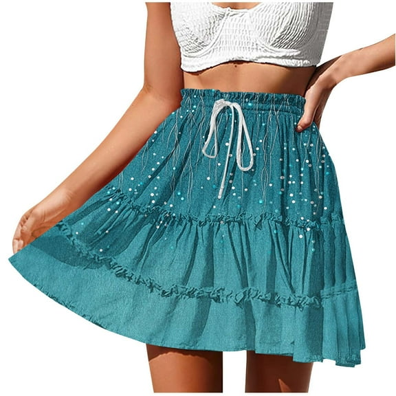 Miqool Women's Boho Floral Flowy Skater Skirt Casual Elastic High Waisted Ruffle Tiered Flared Mini Skirts Summer Beach Skirt