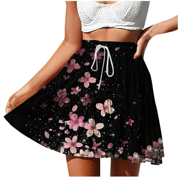 Miqool Women's Boho Floral Flowy Skater Skirt Casual Elastic High Waisted Ruffle Tiered Flared Mini Skirts Summer Beach Skirt