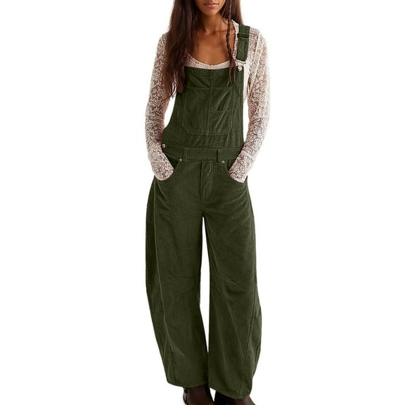 Miqool Women's Corduroy Bib Overalls Adjustable Straps Casual Wide Leg Long Pants Baggy Corduroy Jumpsuit with Pockets