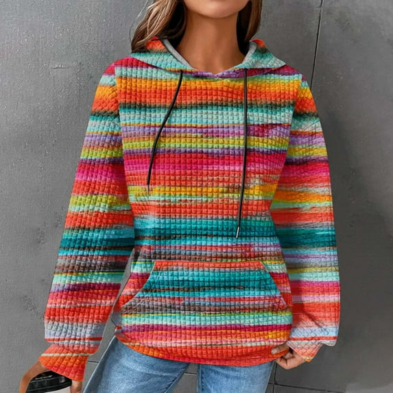 Pitauce Sweatshirts for Women Fashion Waffle Colorful Tie Dye Long Sleeve Tops Casual Hooded Pullover Sweatshirt with Drawstring Pocket