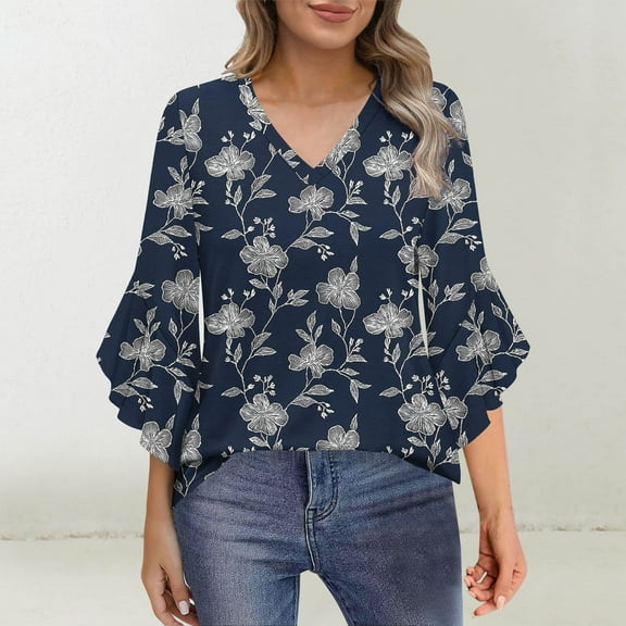 Rciityk 3/4 Length Sleeve Womens Tops Dressy Casual Business Work Blouses Fashion V Neck Floral Print Flared Sleeve Shirts Blue L