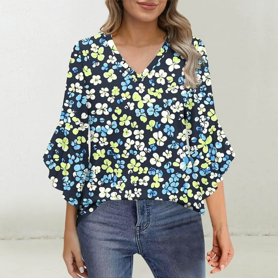 Rciityk 3/4 Length Sleeve Womens Tops Dressy Casual Business Work Blouses Fashion V Neck Floral Print Flared Sleeve Shirts Blue L