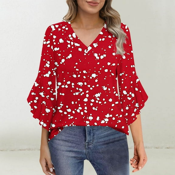 Rciityk 3/4 Length Sleeve Womens Tops Dressy Casual Business Work Blouses Fashion V Neck Floral Print Flared Sleeve Shirts Red L