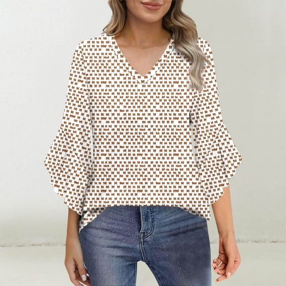 Rciityk 3/4 Length Sleeve Womens Tops Dressy Casual Business Work Blouses Fashion V Neck Floral Print Flared Sleeve Shirts Red L