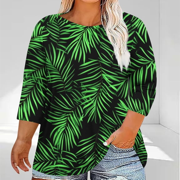 Rciityk Green 3/4 Length Sleeve Womens Tops Casual Loose Round Neck Tunic Tops Fashion Striped Printed Plus Size Ladies Blouses