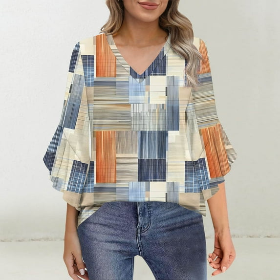 Rciityk Khaki 3/4 Length Sleeve Womens Tops Dressy Casual Business Work Blouses Fashion V Neck Floral Print Flared Sleeve Shirts