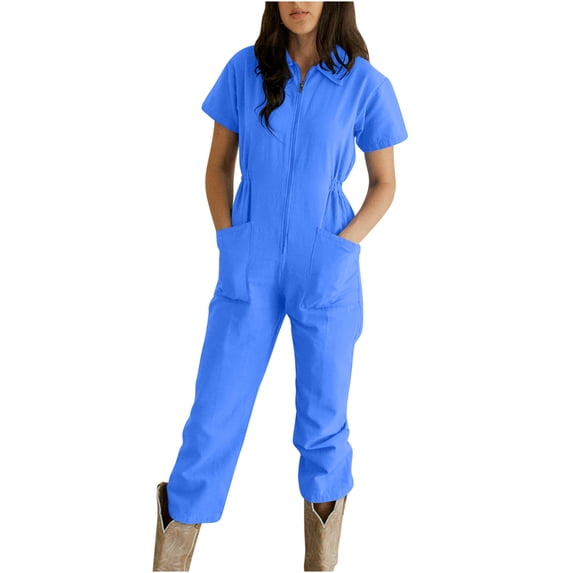 Rciityk Short Sleeve Jumpsuits for Women Summer Casual Turndown Zip-Up Rompers Trendy Solid Pleated Waist Pants Overalls with Pockets