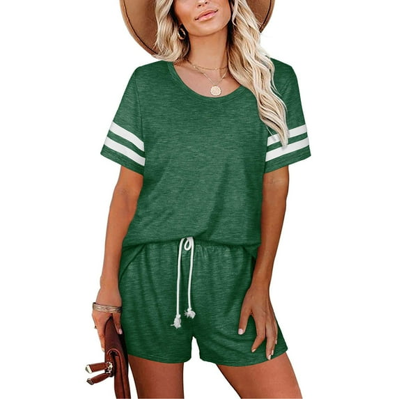 Up to 50% off Summer 2024 Women Casual Home Sleepwear Round Neck Short Sleeve Stripe Two-Piece Sets on Clearance