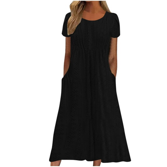 Up to 50% off! Titcea Midi Dresses for Women Short Sleeve Round Neck Solid Color Ruffle Hem Sundress with Pockets Summer Casual Beach Dress