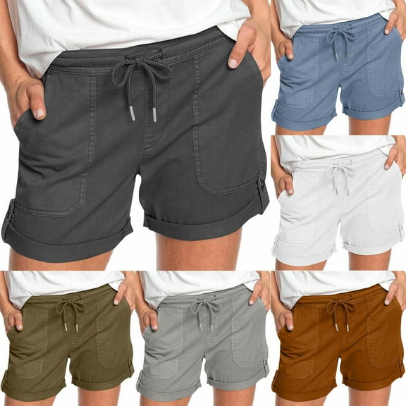 Up to 50% off! Titcea Womens Shorts Elastic Waist Solid Color Drawstring Cargo Shorts with Pockets Loose Trendy Summer Outdoor Casual Shorts