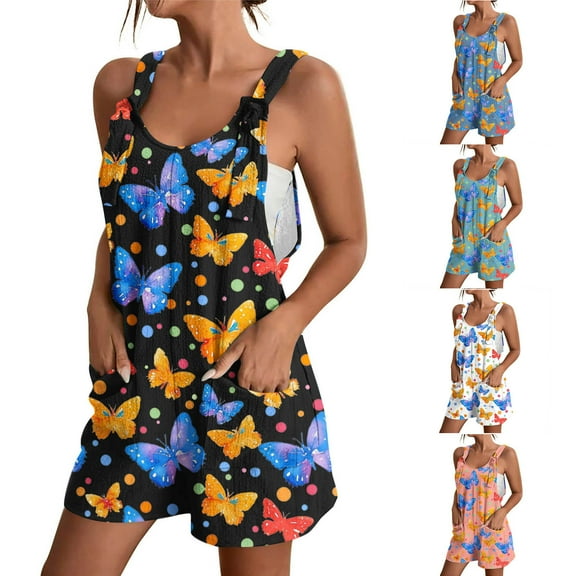 Up to 50% off! Women's Summer Comfortable Casual Suspender Printing Shorts Pocket Jumpsuit Shorts with Pockets 2025 Clothes