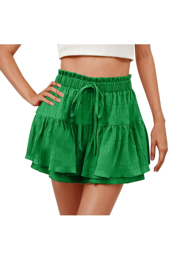 Women's Ruffle Pleated Shorts Drawstring Elastic High Waisted Tiered Mini Skirt Shorts Summer Casual Flowy Beach Shorts