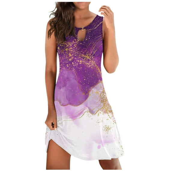 Up to 55% off !Npasoilc Summer Dresses for Women Vintage Sleeveless Round Neck Hollow-out Ring Linked Printed Casual Loose Short Dress
