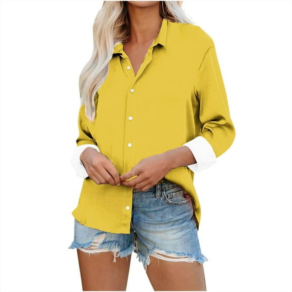 Erwazi Button Down Shirts for Women Dress Shirts Long Sleeve Blouse Casual Solid Office Work Tunic Top