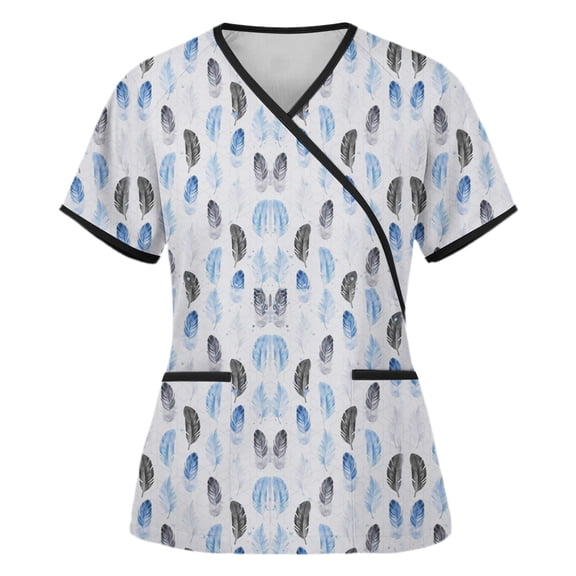Up to 60% Off Gifts EGNMCR Womens Scrub Fashion Feather Print Short Sleeve V Neck Nurse Uniform Workwear Blouse Tops With Pocket Spring/Summer Save