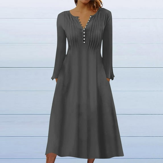 Up to 60% Off! pstuiky Dresses for Women, Women Button Flower Print Pleated Dress Long Sleeve V-Neck Dress Mid-Calf Dress with Pocket Leisure Black S