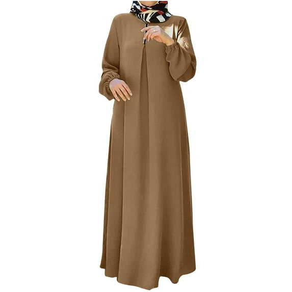 pstuiky Dresses for Women, Women Long Sleeve Crew Neck Dress Floor-Length Dress Banquet Dress Dress Leisure Khaki L