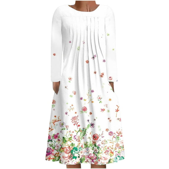 Up to 60% Off! pstuiky Dresses for Women, Women Printed Pleated Dress Long Sleeve Crew Neck Dress Mid-Calf Dress with Pockets Leisure White L