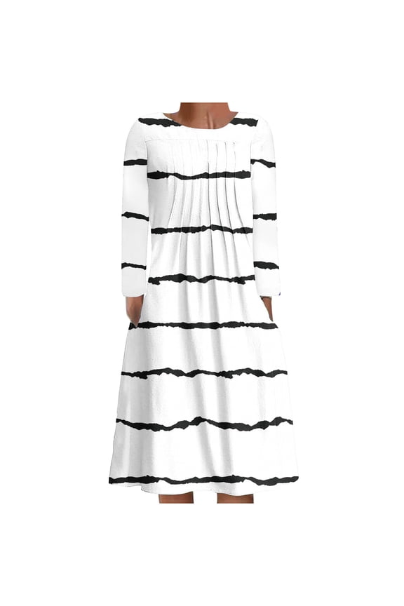 Dresses for Women, Women Printed Pleated Dress Long Sleeve Crew Neck Dress Mid-Calf Dress with Pockets Leisure White L