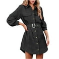 thumbnail image 1 of pstuiky Dresses for Women, Women Solid Color Corduroy Dress with Lapel Dress Long Sleeve Lapel Dress with Pockets Leisure Black S, 1 of 6