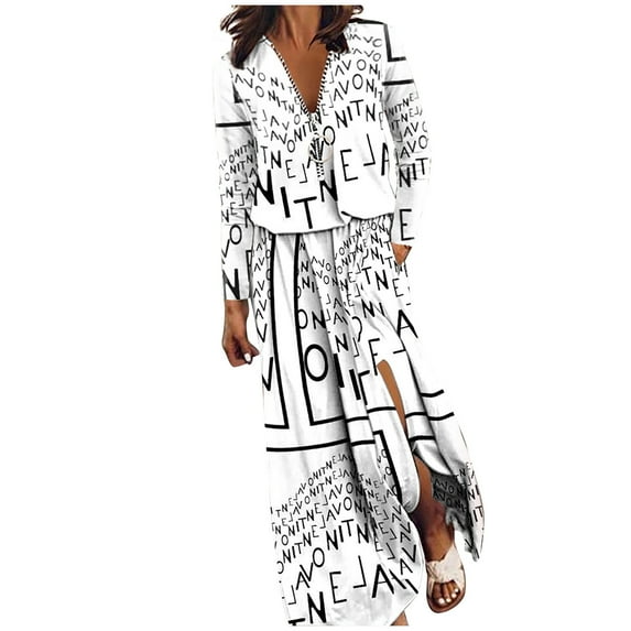 Up to 60% Off! pstuiky Dresses for Women, Women Summer Print Dress Slit Long Dress Long Sleeve V-Neck Dress Mid-Calf Dress Leisure White XL