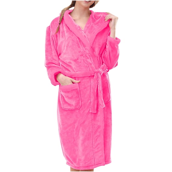 pstuiky Robe, Unisex Regular Winter Warm Homewear Flannel Robe Bathrobe Long Pajamas Plush Robe Leisure Hot Pink #2 XL