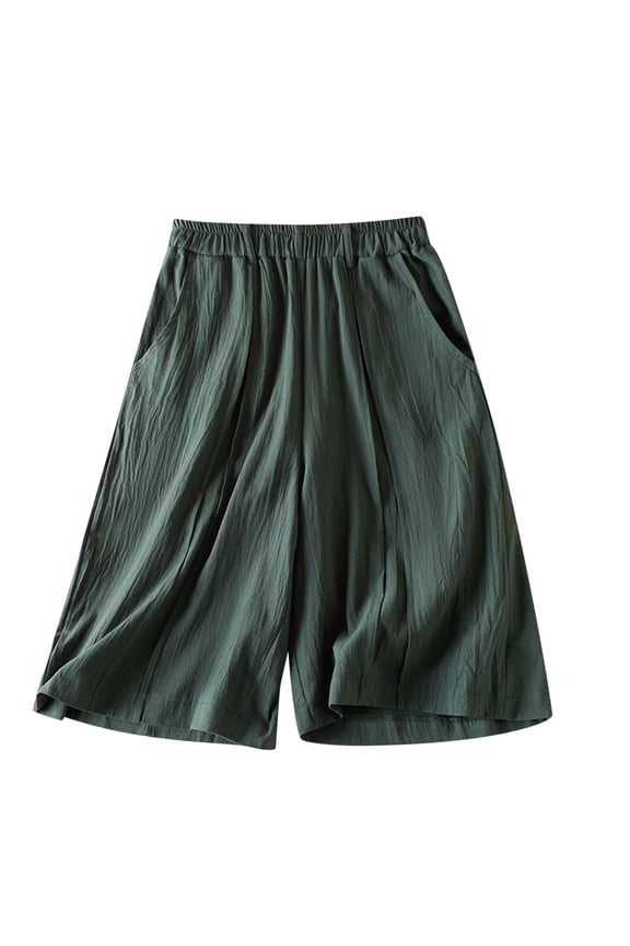 Summer Dresses , Women Summer Cotton and Linen Shorts Solid Color Button Shorts with Pockets Leisure Army Green L