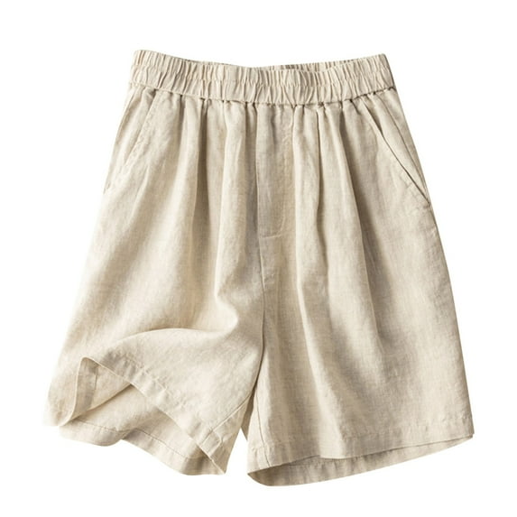pstuiky Summer Dresses , Women Summer Cotton and Linen Shorts Solid Color Button Shorts with Pockets Leisure Beige M