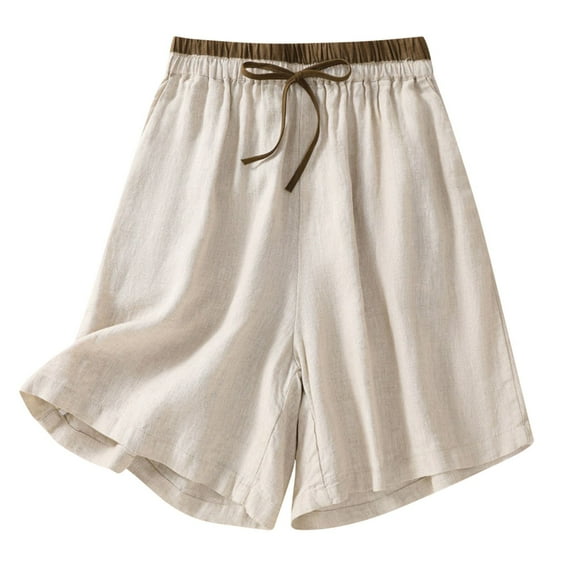 pstuiky Summer Dresses , Women Summer Cotton and Linen Shorts Solid Color Button Shorts with Pockets Leisure Beige M