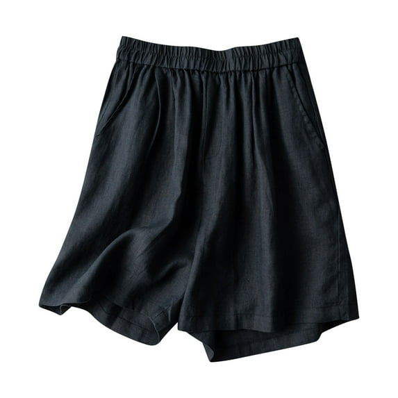 pstuiky Summer Dresses , Women Summer Cotton and Linen Shorts Solid Color Button Shorts with Pockets Leisure Black M